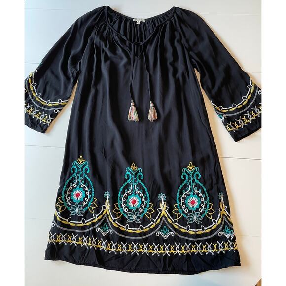 Kate & Sam Boho Dress Embroidered Tassels 3/4 Bell Sleeves Black Sz M Hippie - Picture 6 of 11